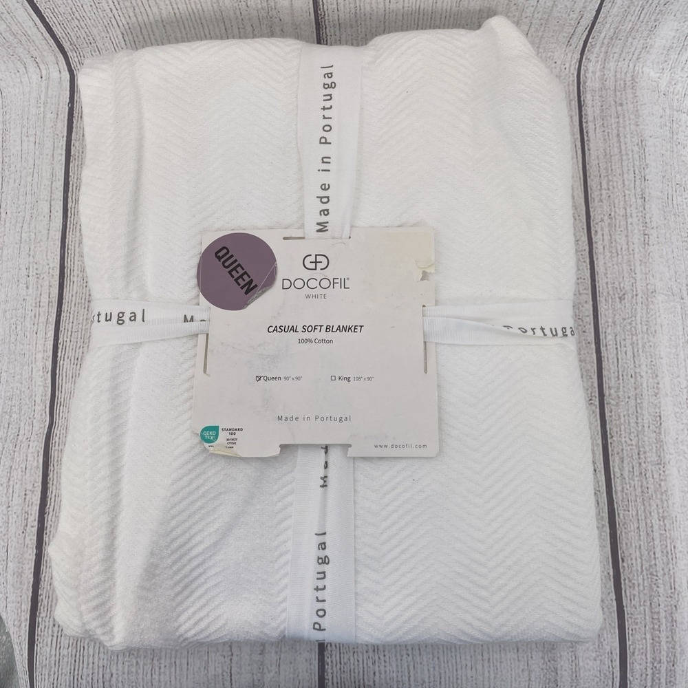 Docofil Blanket QUEEN White Chevron Coverlet 100% Cotton Natural Crisp Earthy